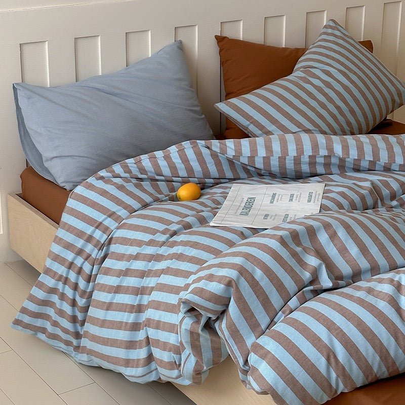 - Ever Lasting - Parker Minimalist Striped Bedding Set / Blue & Brown - Bedding Set - Ever Lasting