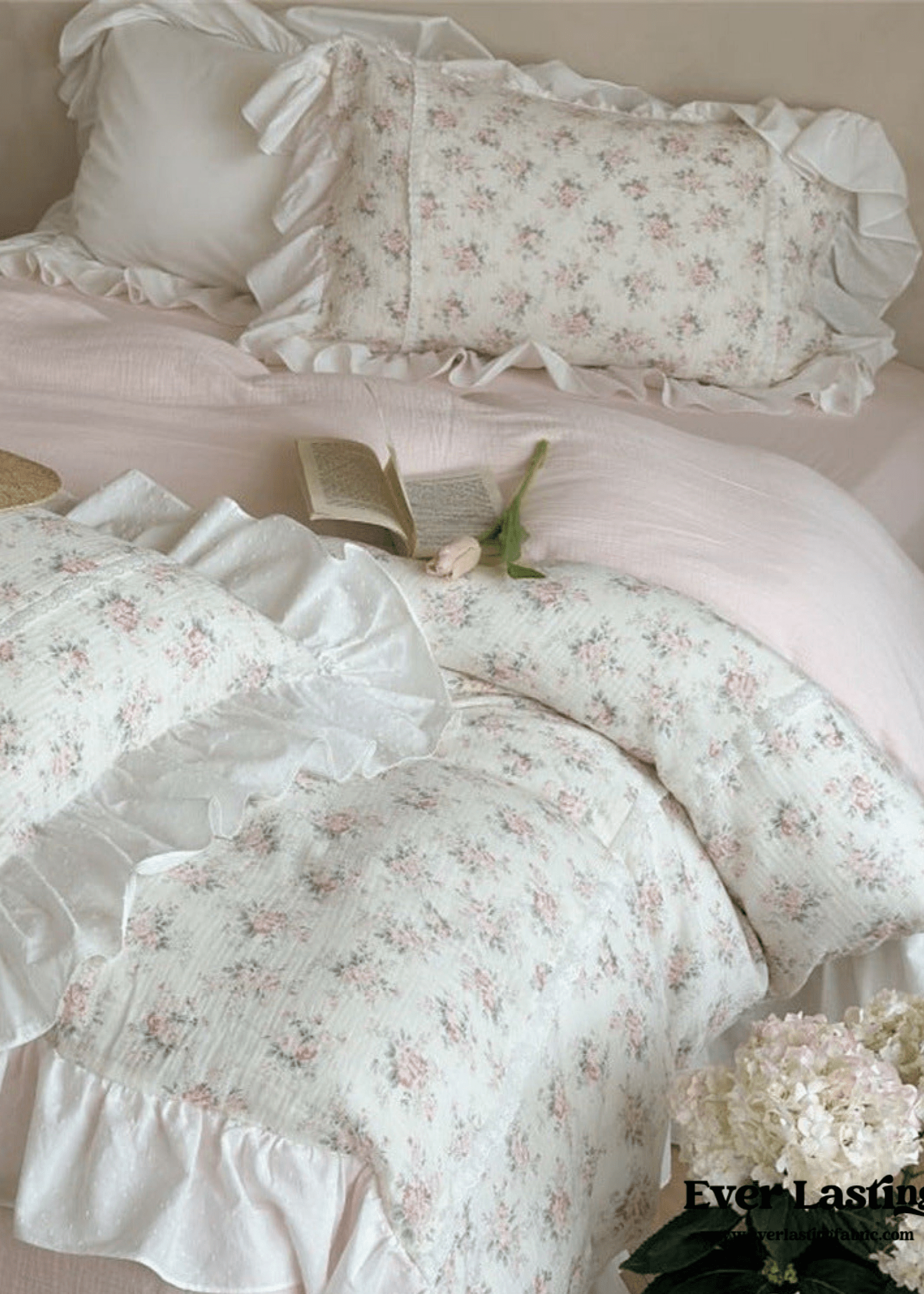 Pastel Pink Floral Double Layer Cotton Ruffle Bedding Bundle - Ever Lasting