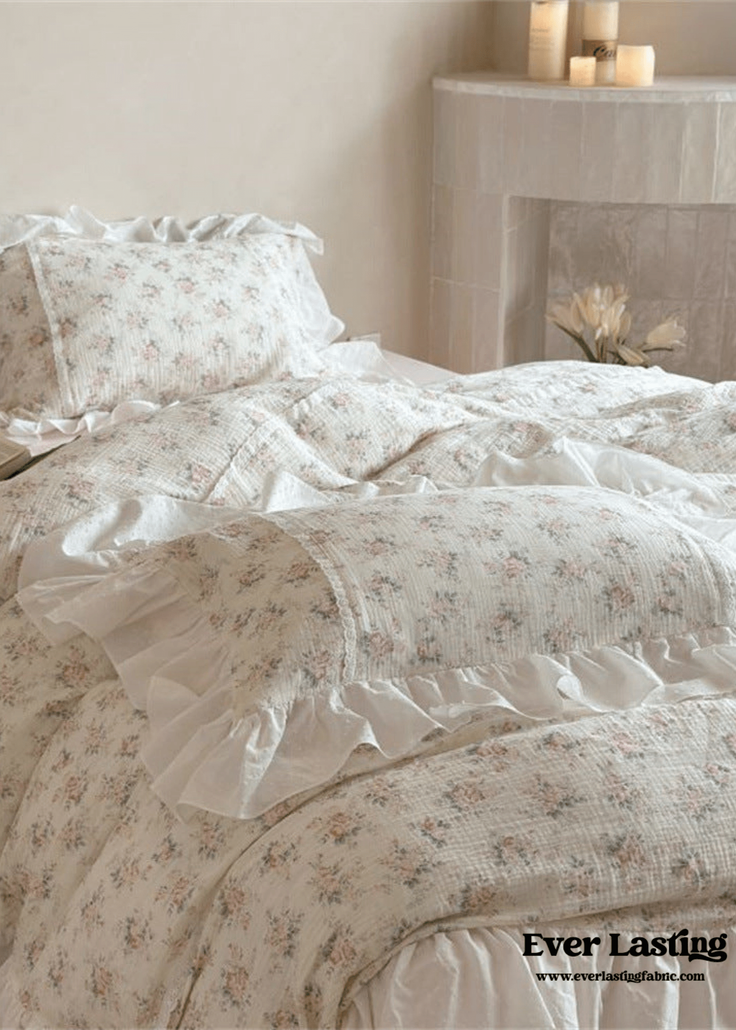 Pastel Pink Floral Double Layer Cotton Ruffle Bedding Bundle - Ever Lasting