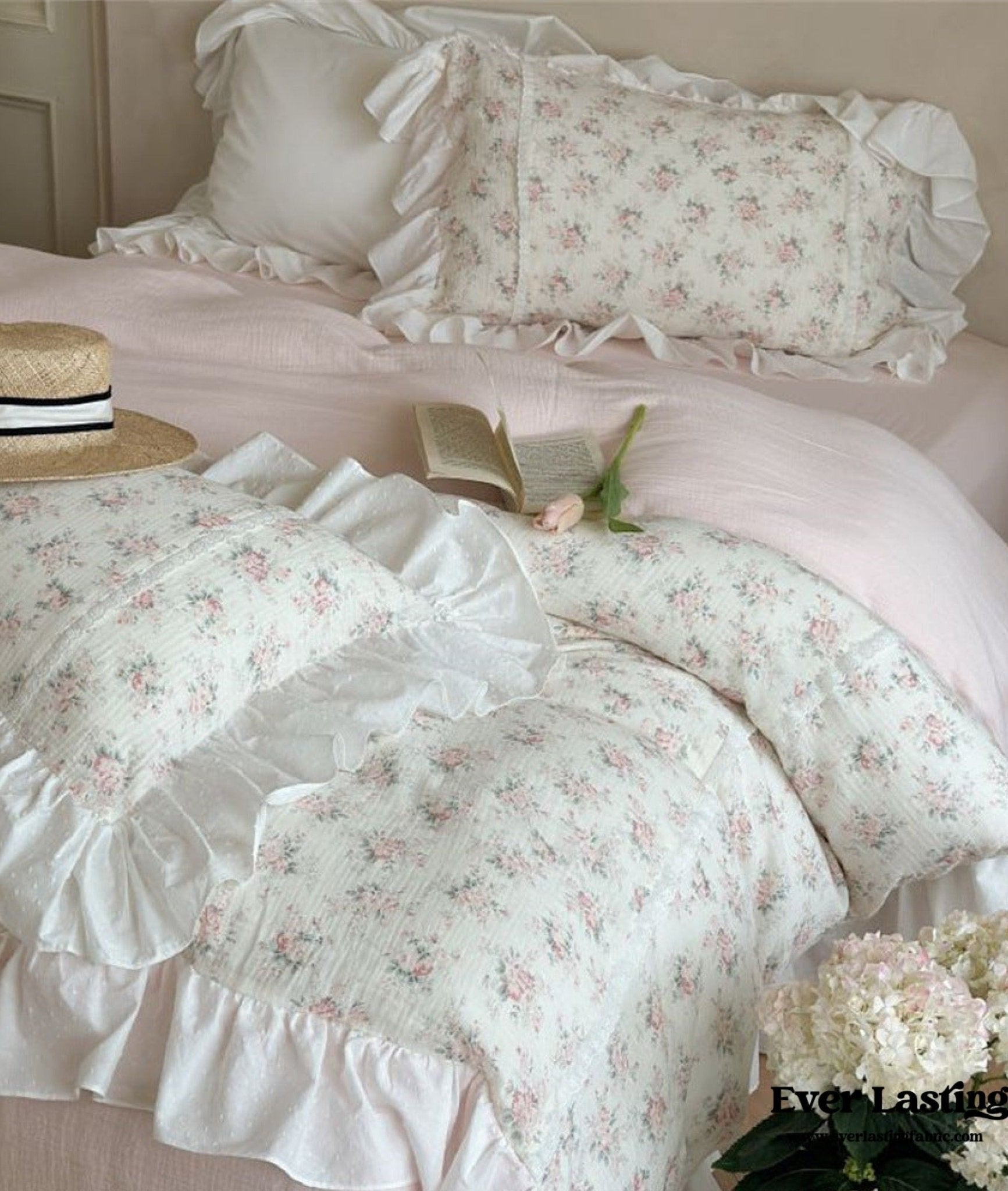 Pastel Pink Floral Double Layer Cotton Ruffle Bedding Bundle - Ever Lasting