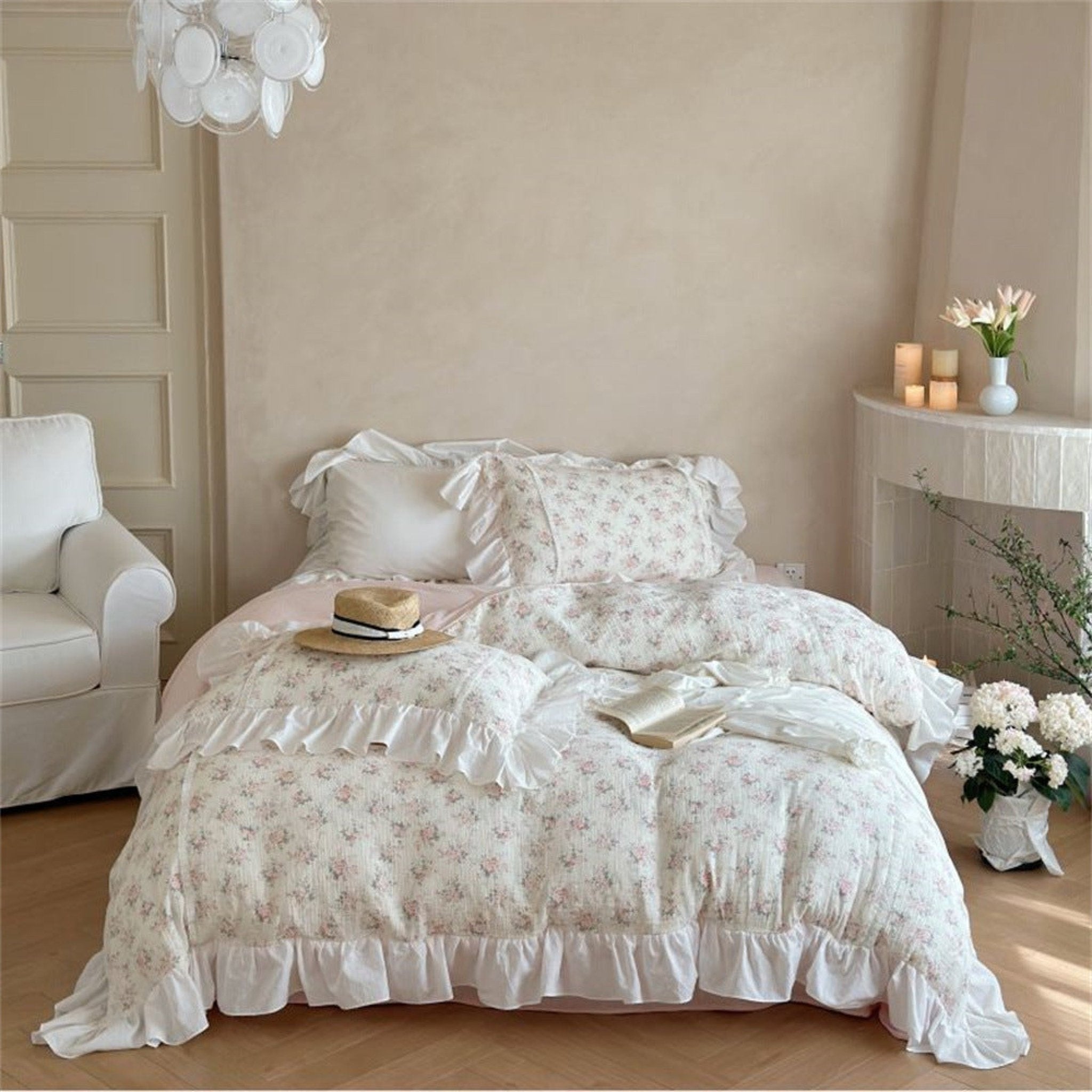 Pastel Pink Floral Double Layer Cotton Ruffle Bedding Bundle - Ever Lasting