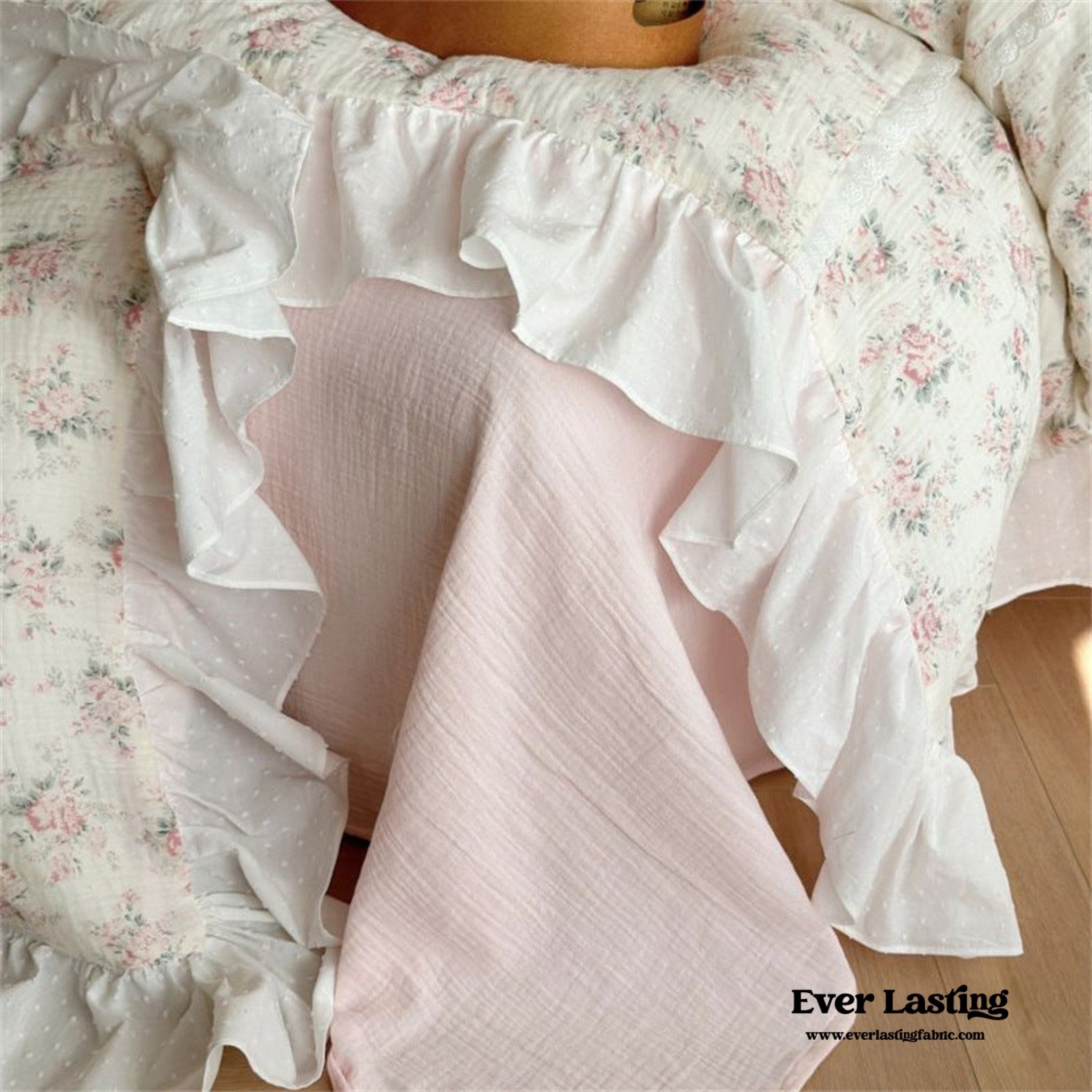 Pastel Pink Floral Double Layer Cotton Ruffle Bedding Bundle - Ever Lasting