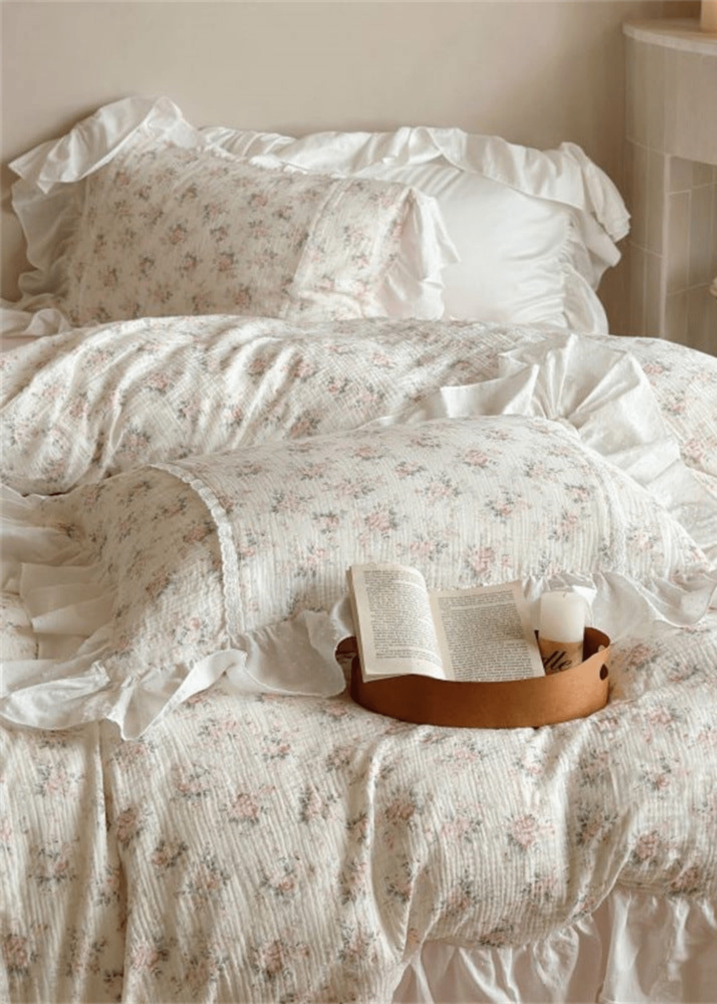 Pastel Pink Floral Double Layer Cotton Ruffle Bedding Bundle - Ever Lasting