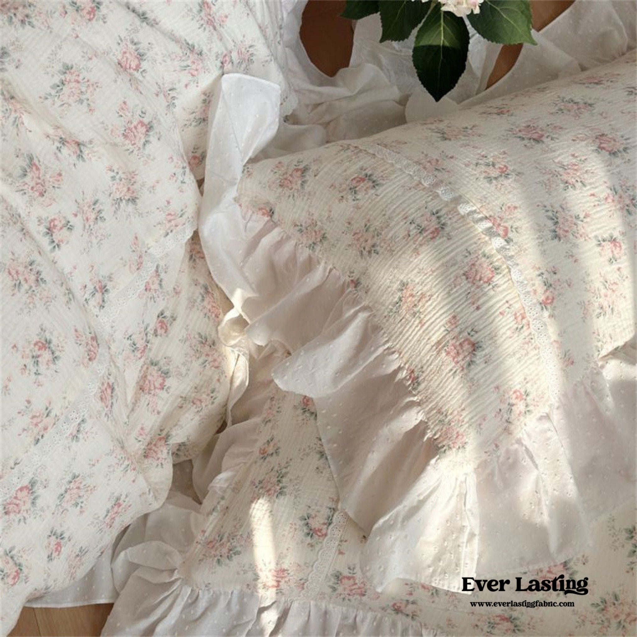 Pastel Pink Floral Double Layer Cotton Ruffle Bedding Bundle - Ever Lasting
