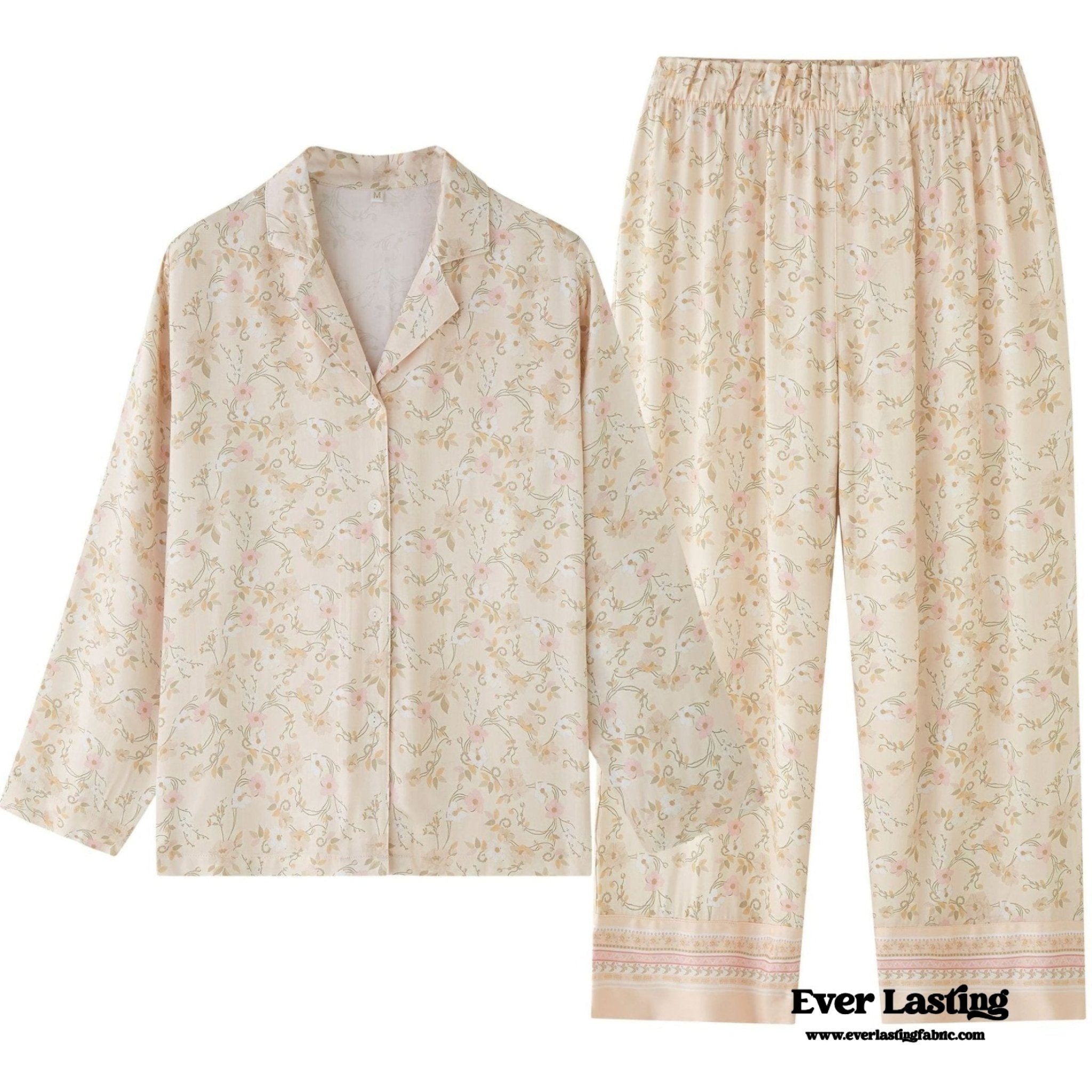 Pastoral Floral Short - Sleeve Long - Pants Pajama Set / Green - Ever Lasting