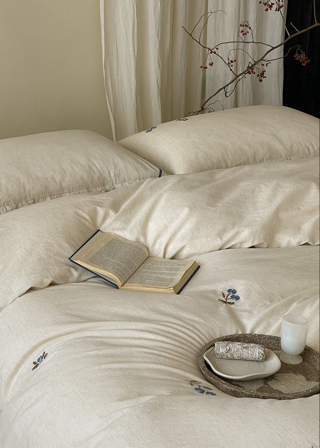 -Ever Lasting - Penelope Embroidery Bedding Set / Beige + Purple -Bedding Set -Ever Lasting