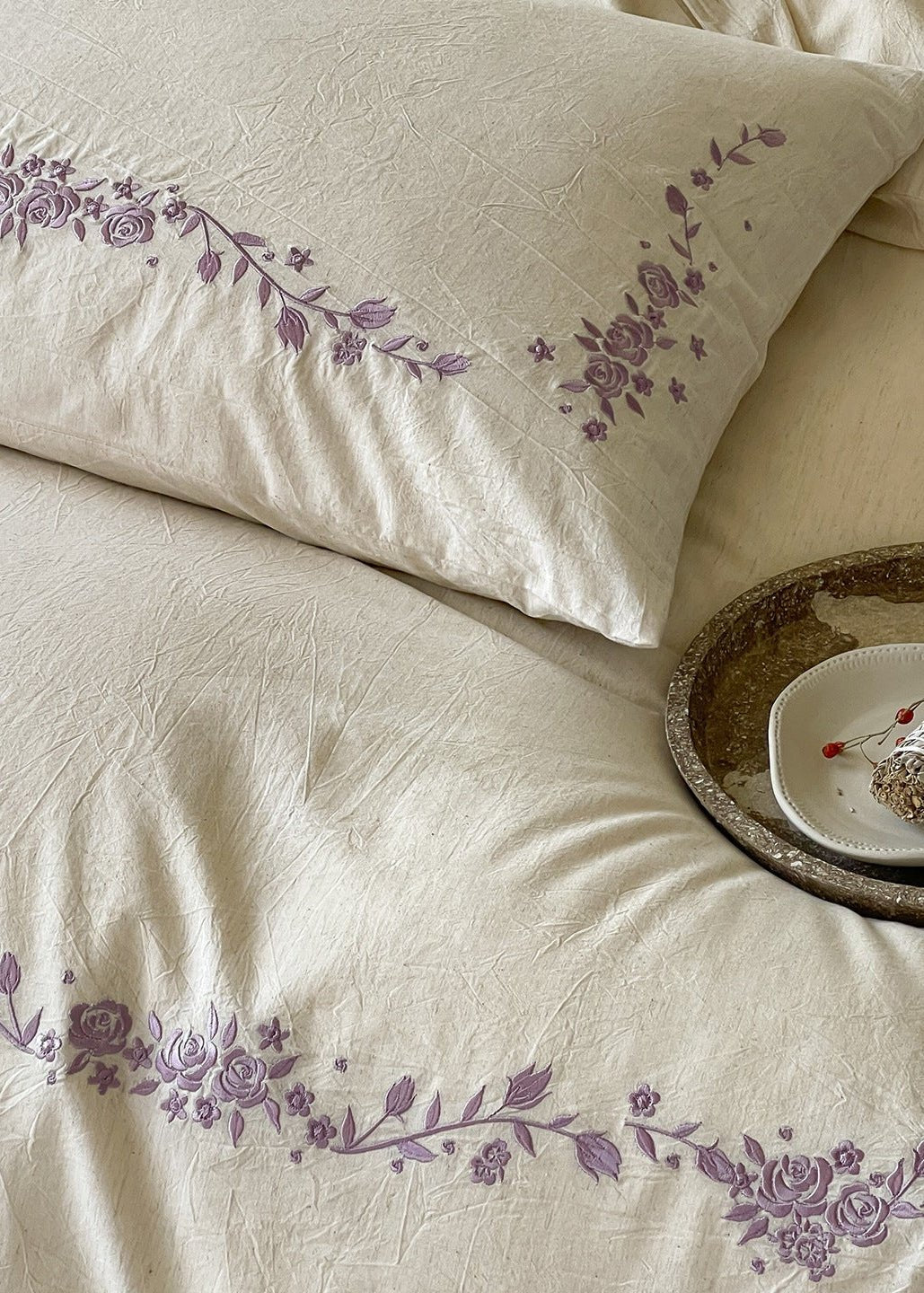 -Ever Lasting - Penelope Embroidery Bedding Set / Beige + Purple -Bedding Set -Ever Lasting