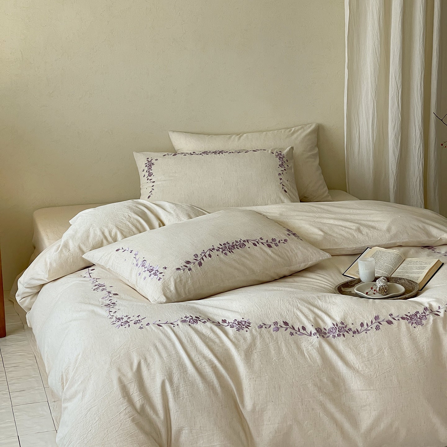 -Ever Lasting - Penelope Embroidery Bedding Set / Beige + Purple -Bedding Set -Ever Lasting