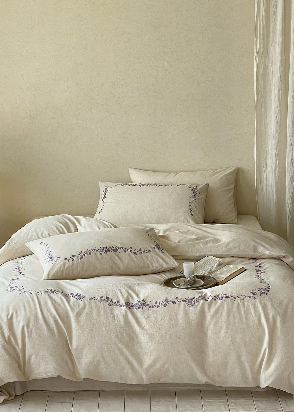 -Ever Lasting - Penelope Embroidery Bedding Set / Beige + Purple -Bedding Set -Ever Lasting