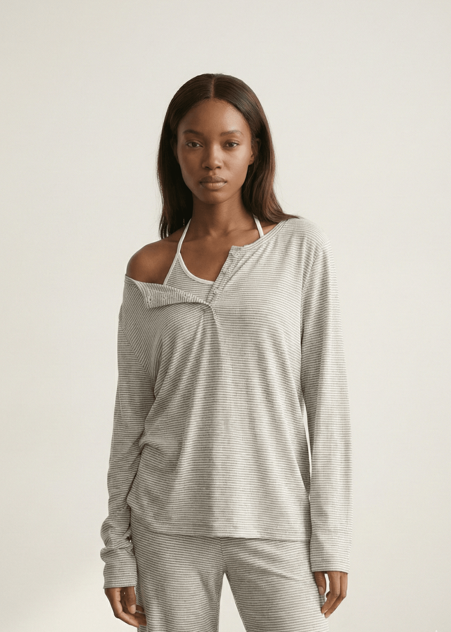 - Ever Lasting - Perla Long - Sleeve Striped Pajama Set / Gray - Pajamas - Ever Lasting