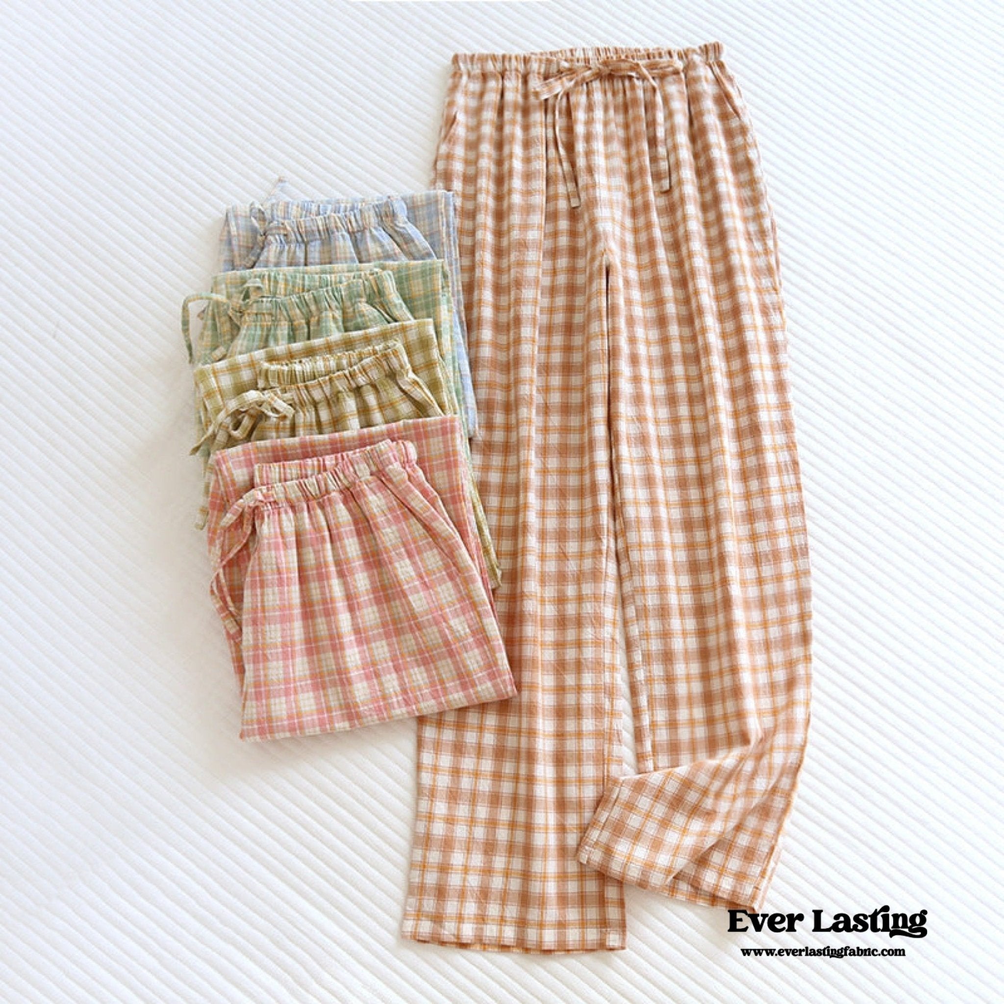 Plaid Washed Cotton Pajama Pants / Blue - Ever Lasting