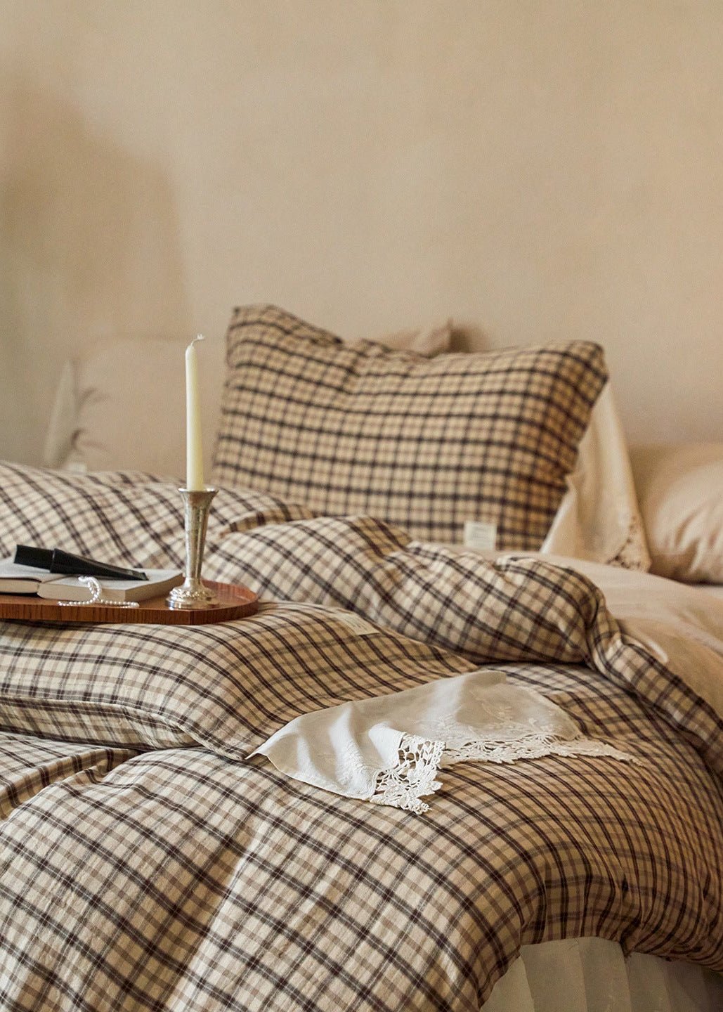 -Ever Lasting - Primrose Gingham Washed Cotton Bedding Set / Brown -Bedding Set -Ever Lasting