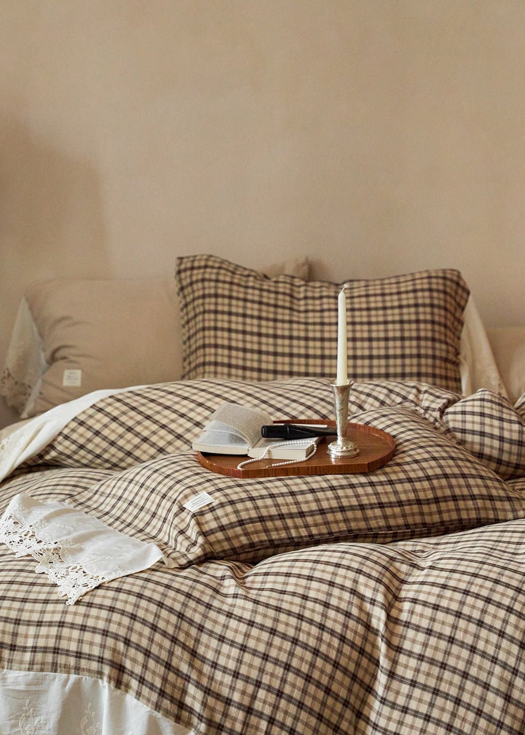 -Ever Lasting - Primrose Gingham Washed Cotton Bedding Set / Brown -Bedding Set -Ever Lasting