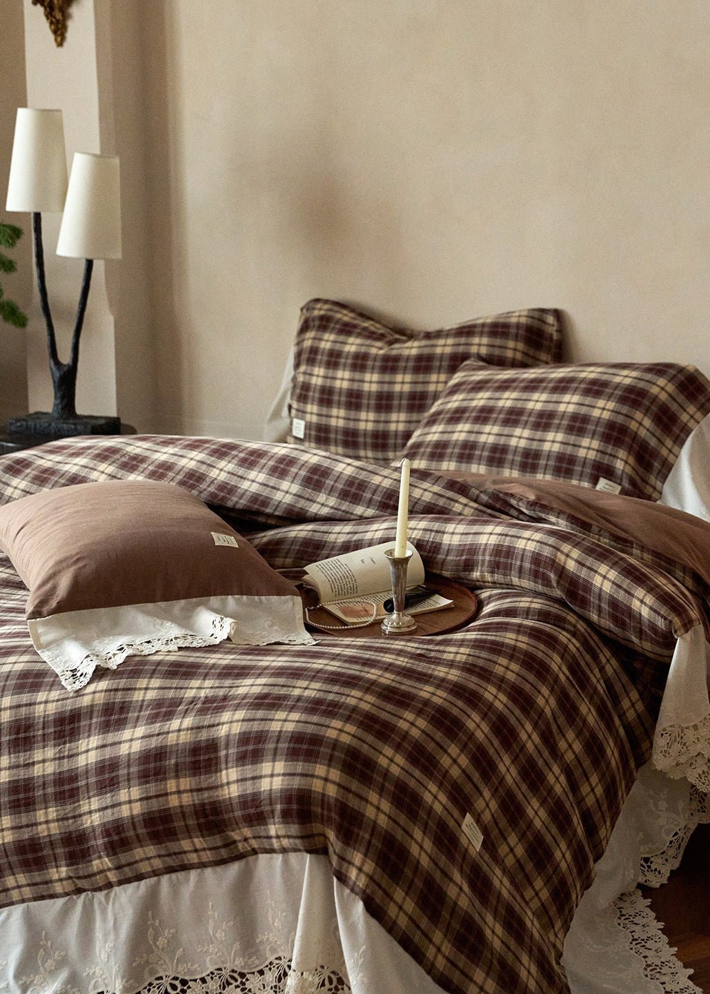 -Ever Lasting - Primrose Gingham Washed Cotton Bedding Set / Brown -Bedding Set -Ever Lasting