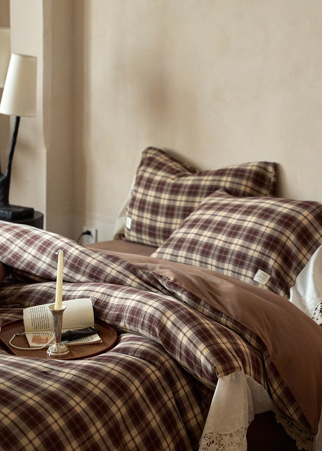 -Ever Lasting - Primrose Gingham Washed Cotton Bedding Set / Brown -Bedding Set -Ever Lasting