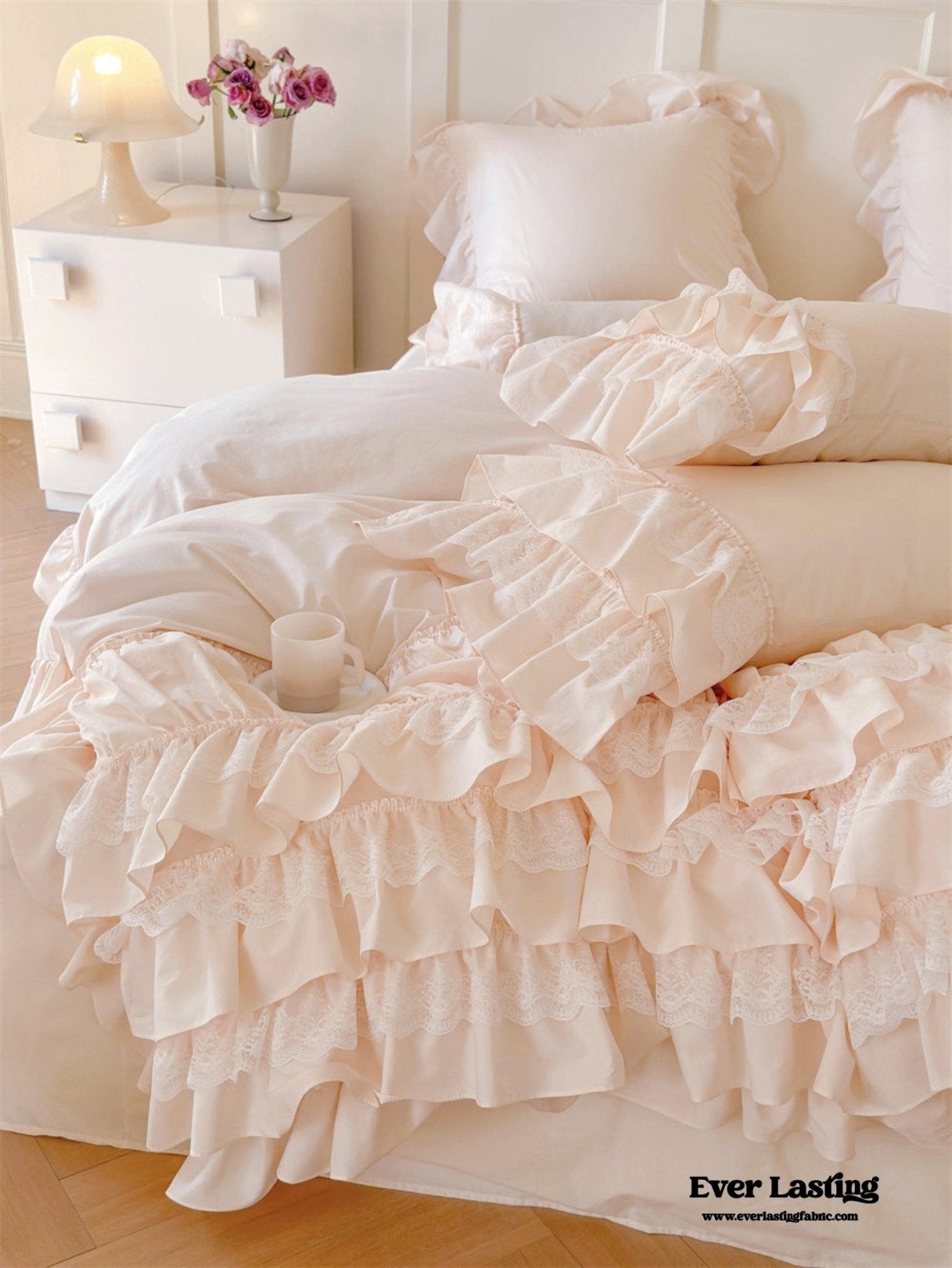 Princess Ruffle Lace Washed Cotton Bedding Set / Pink - Ever Lasting