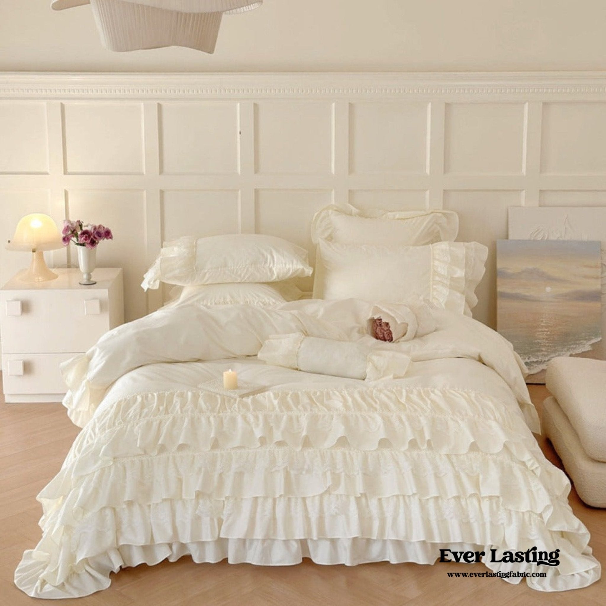 Princess Ruffle Lace Washed Cotton Bedding Set / Pink - Ever Lasting