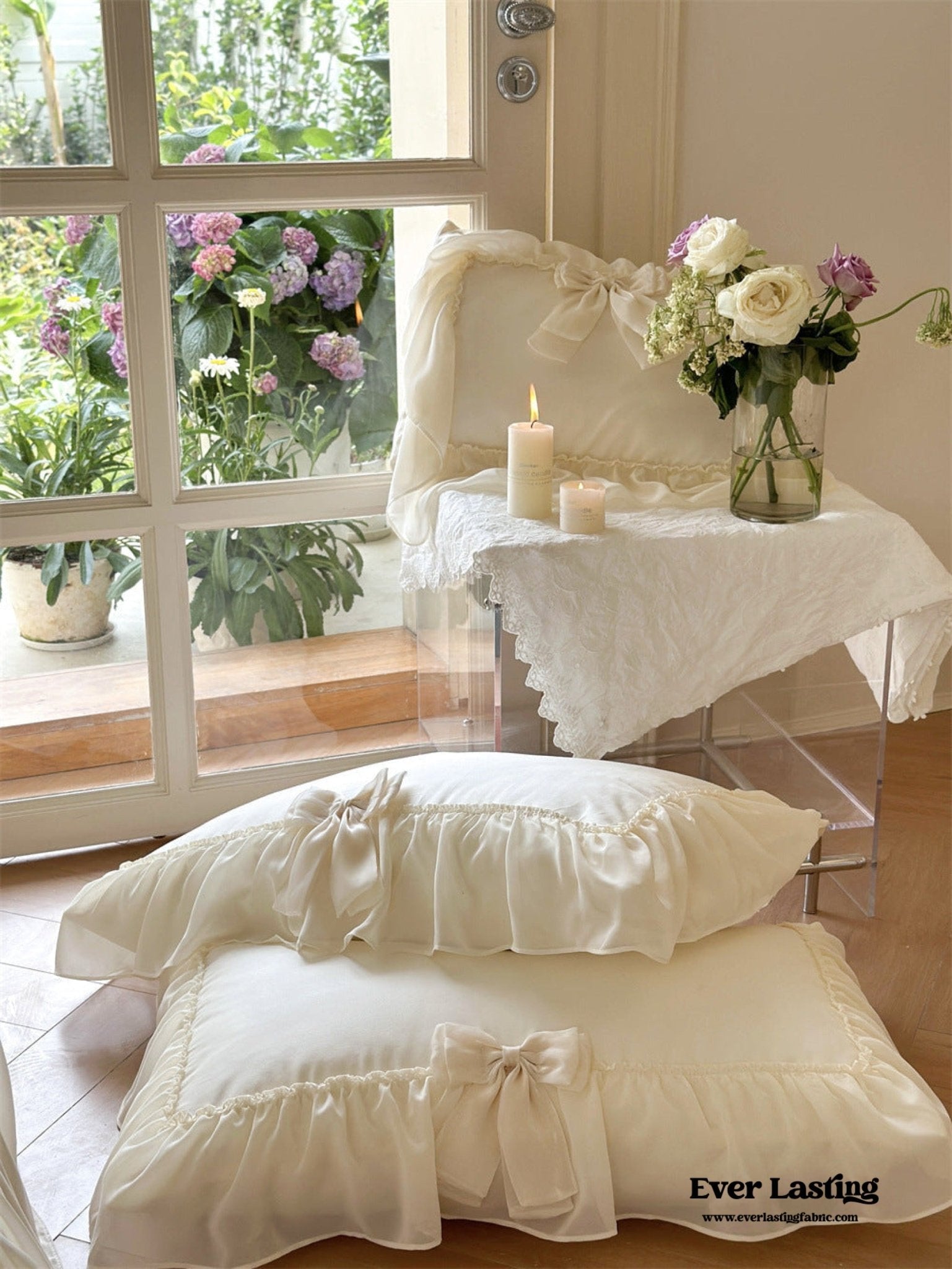 - Ever Lasting - Ribbon Bow Airy Lace Bedding Set / Baby Pink - Bedding Set - Ever Lasting