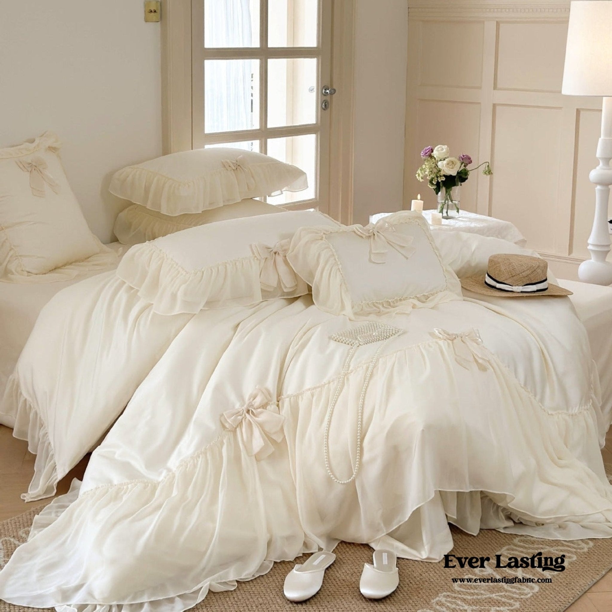 - Ever Lasting - Ribbon Bow Airy Lace Bedding Set / Baby Pink - Bedding Set - Ever Lasting