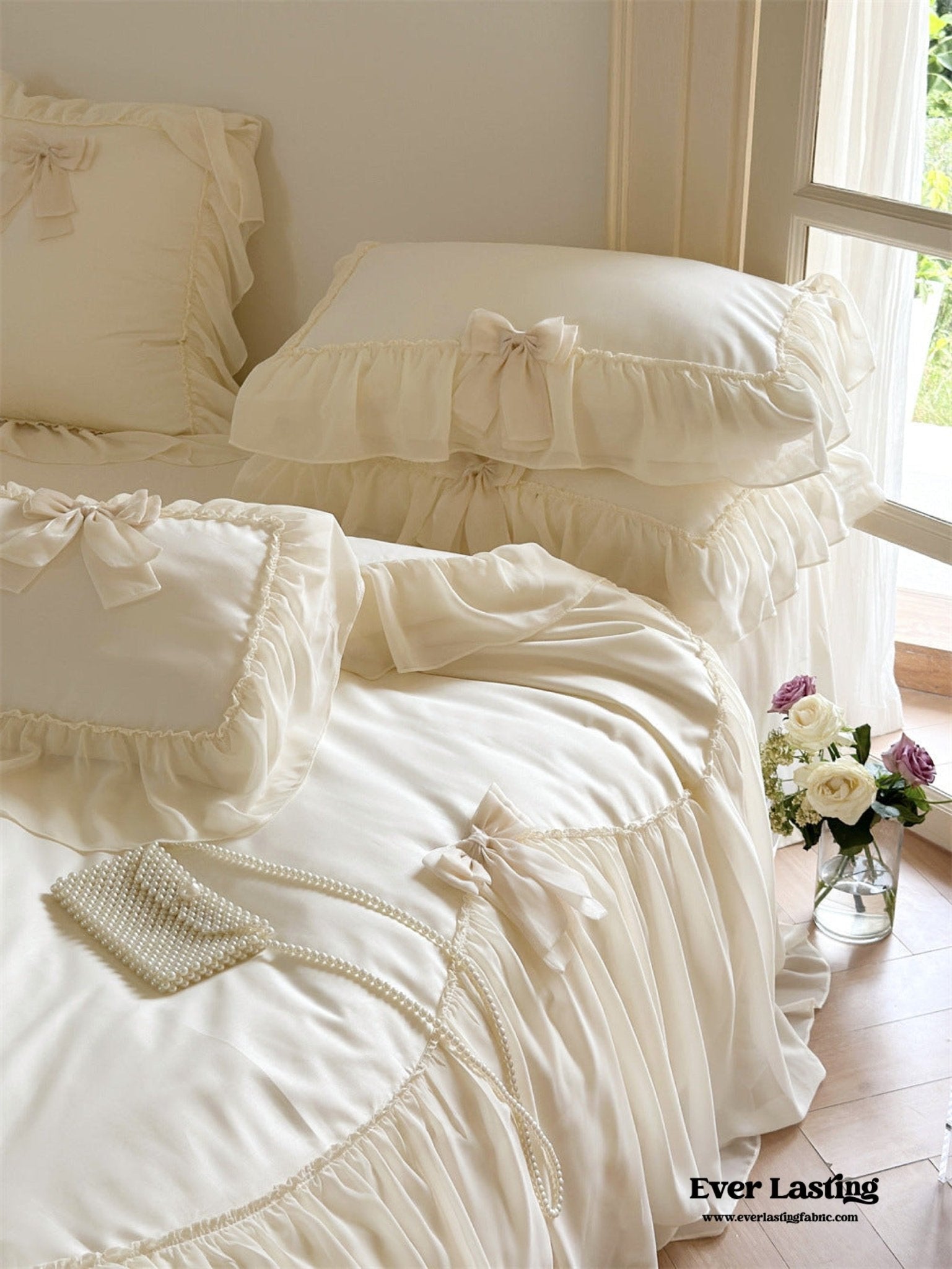 Ribbon Bow Airy Lace Bedding Set / Blue - Ever Lasting