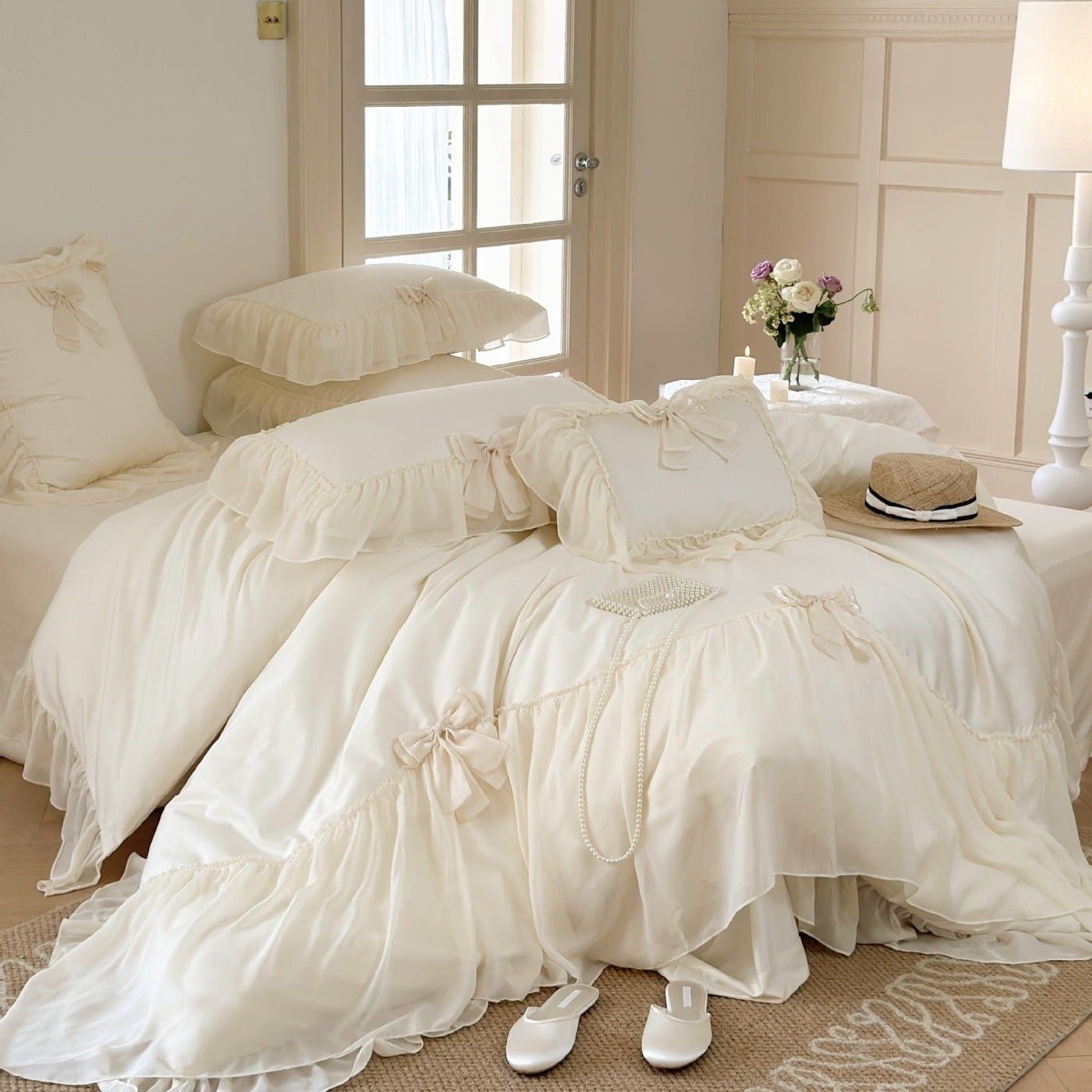 - Ever Lasting - Ribbon Bow Airy Lace Bedding Set / Cream White - Bedding Set - Ever Lasting
