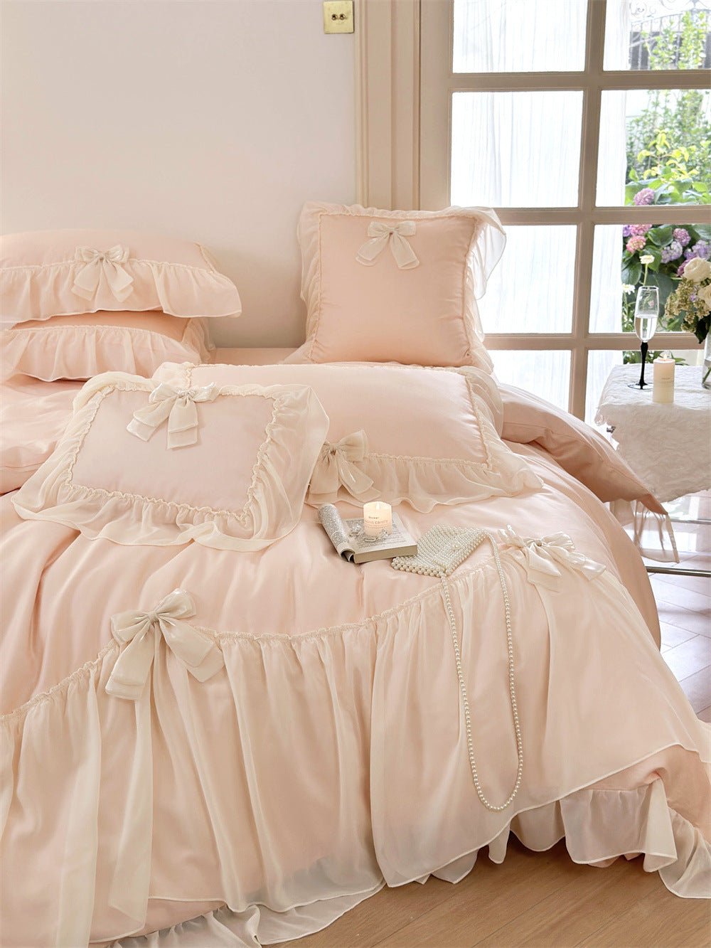 - Ever Lasting - Ribbon Bow Airy Lace Bedding Set / Cream White - Bedding Set - Ever Lasting
