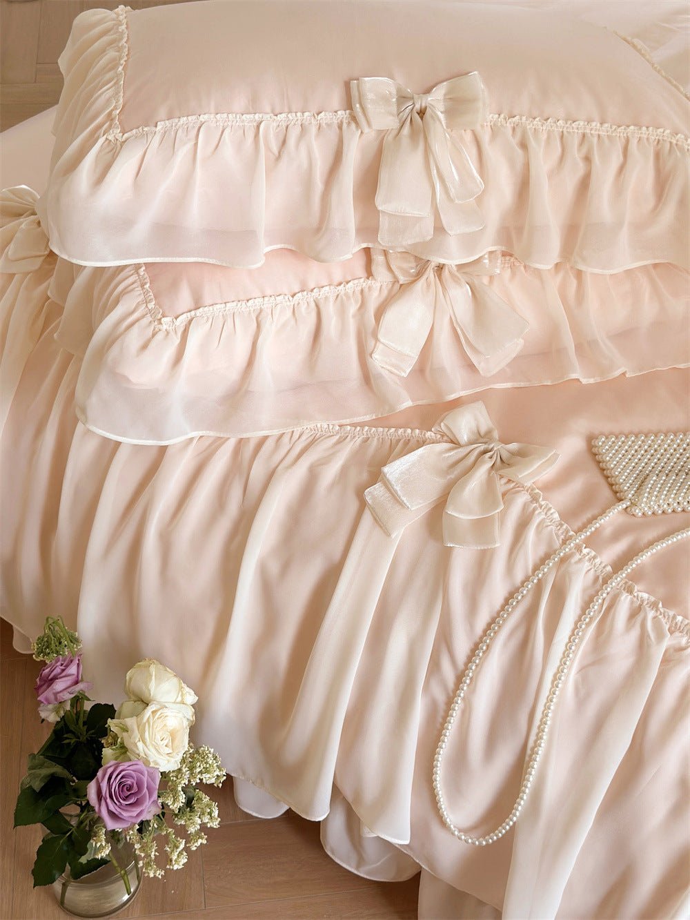 - Ever Lasting - Ribbon Bow Airy Lace Bedding Set / Cream White - Bedding Set - Ever Lasting