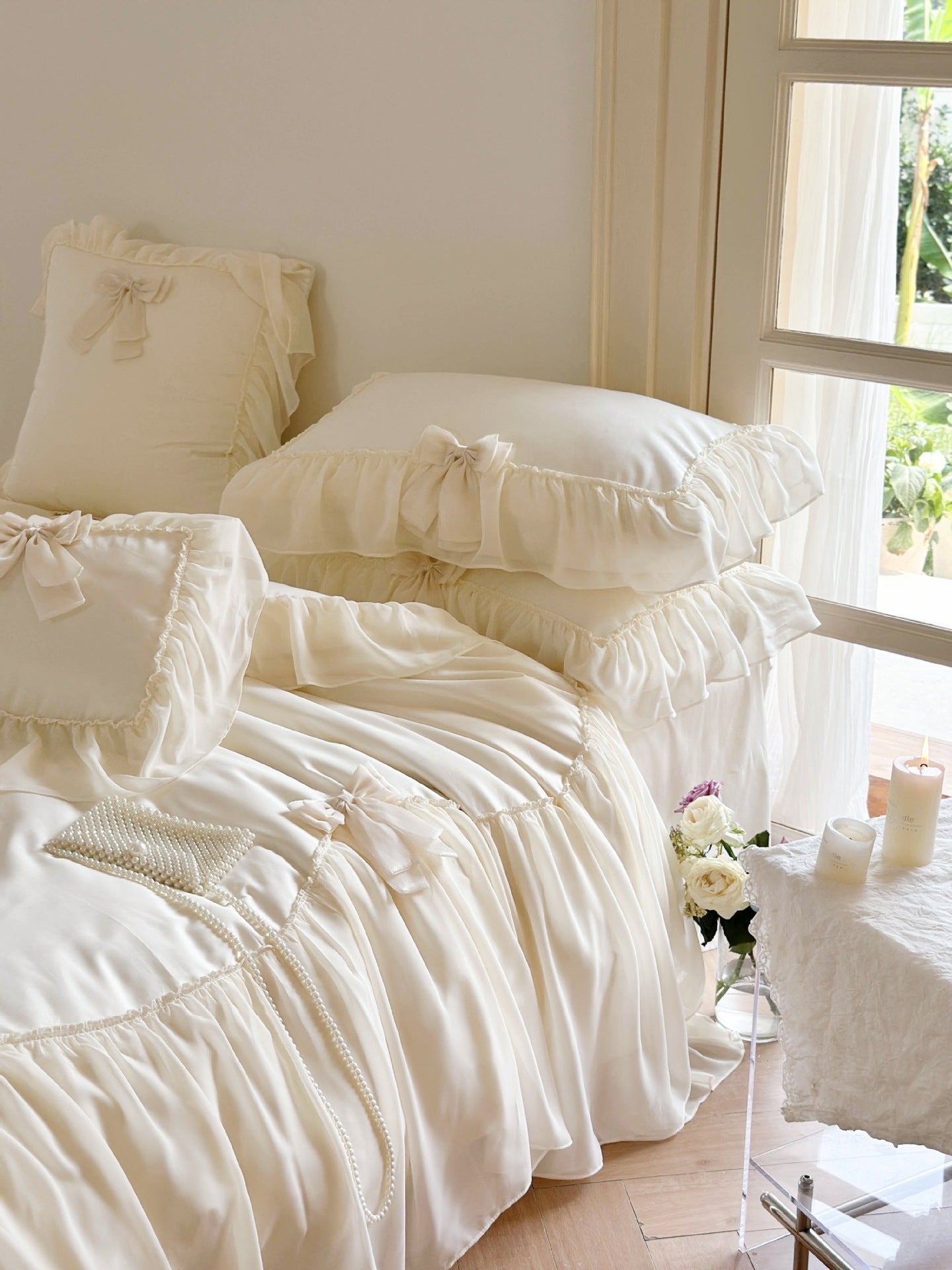 - Ever Lasting - Ribbon Bow Airy Lace Bedding Set / Cream White - Bedding Set - Ever Lasting
