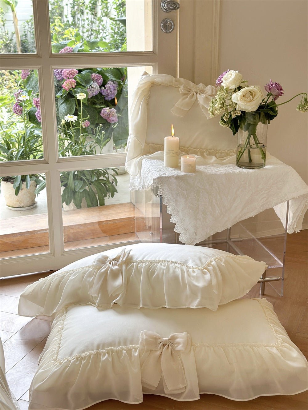 - Ever Lasting - Ribbon Bow Airy Lace Bedding Set / Cream White - Bedding Set - Ever Lasting