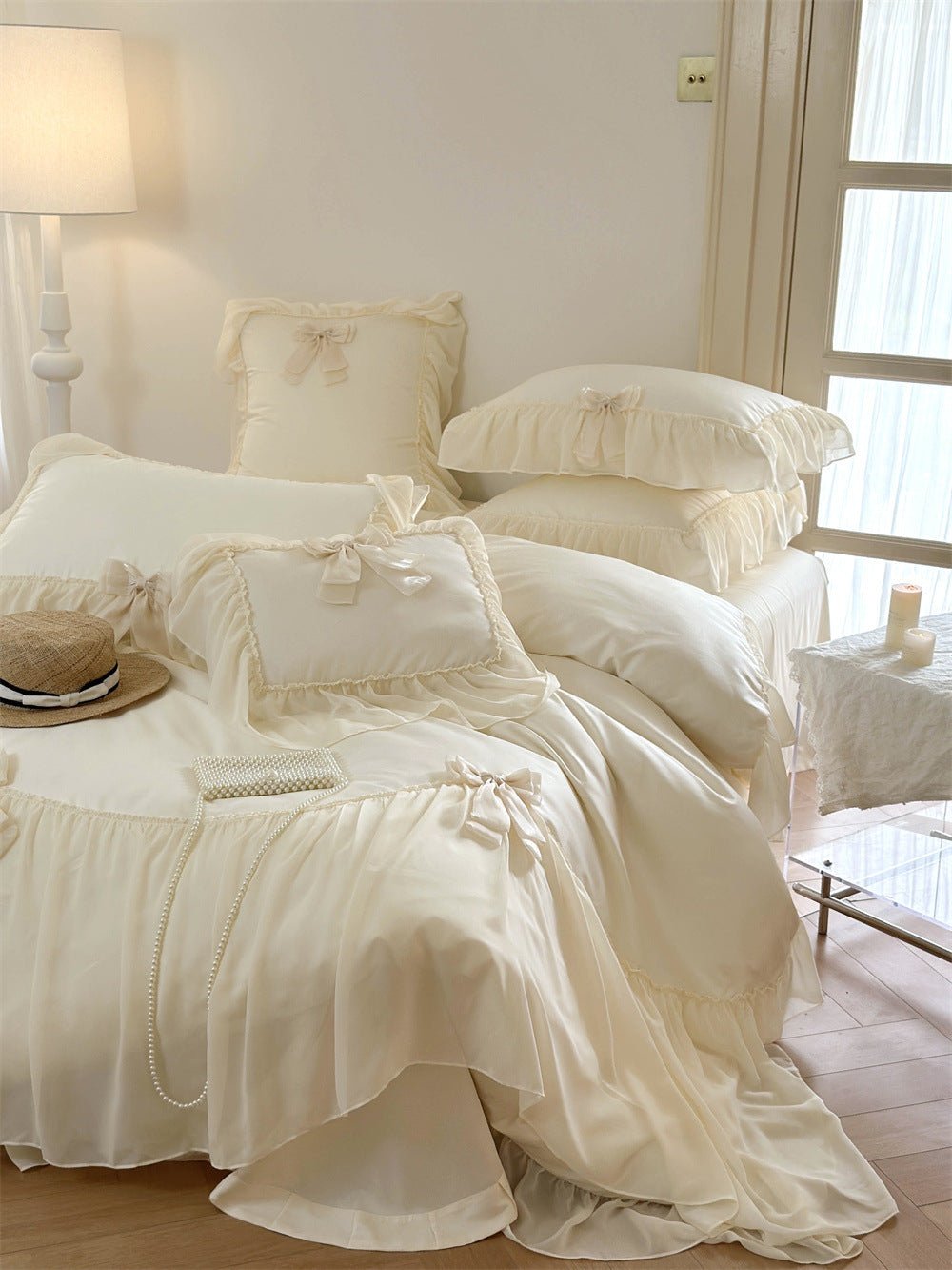 - Ever Lasting - Ribbon Bow Airy Lace Bedding Set / Cream White - Bedding Set - Ever Lasting