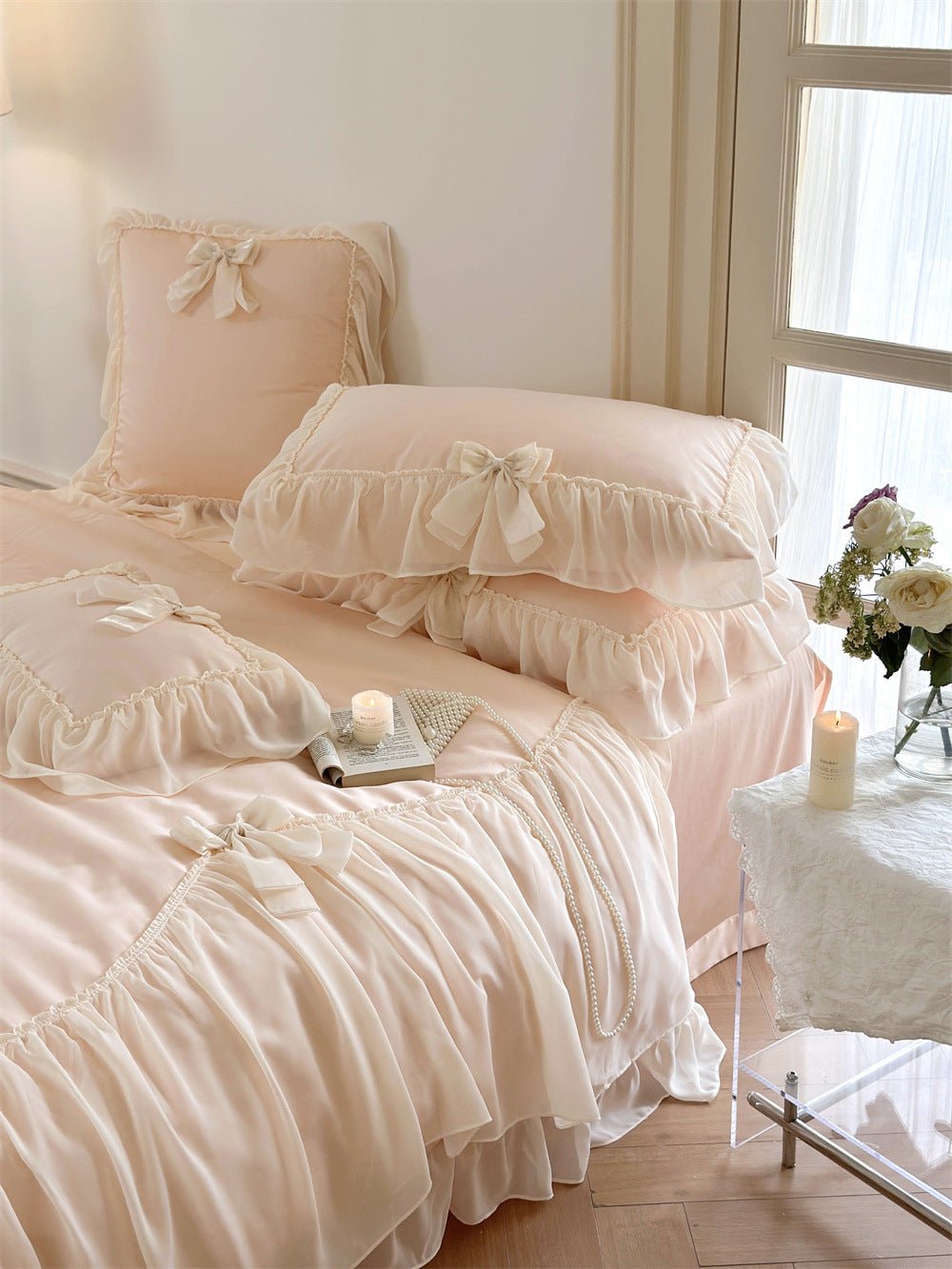 - Ever Lasting - Ribbon Bow Airy Lace Bedding Set / Cream White - Bedding Set - Ever Lasting