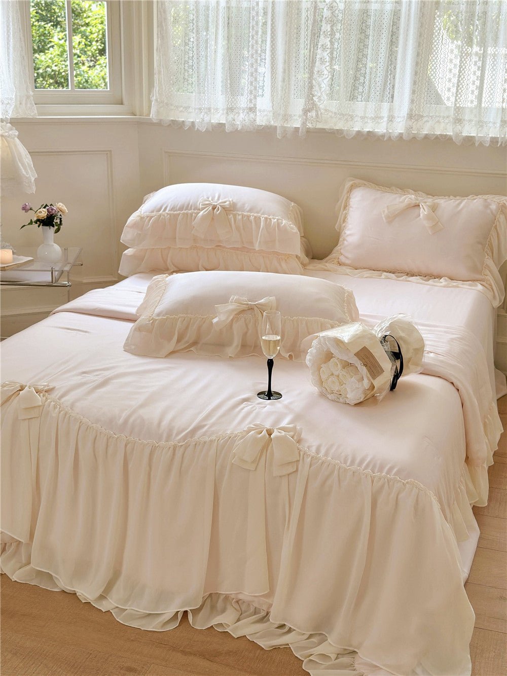 - Ever Lasting - Ribbon Bow Airy Lace Blanket Comforter Set / Baby Pink - Blankets - Ever Lasting