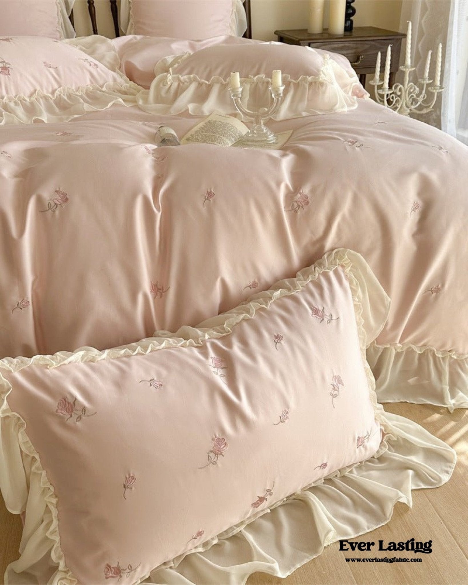 Rosalie Embroidered Cotton Ruffle Bedding Set / Pink Blush - Ever Lasting