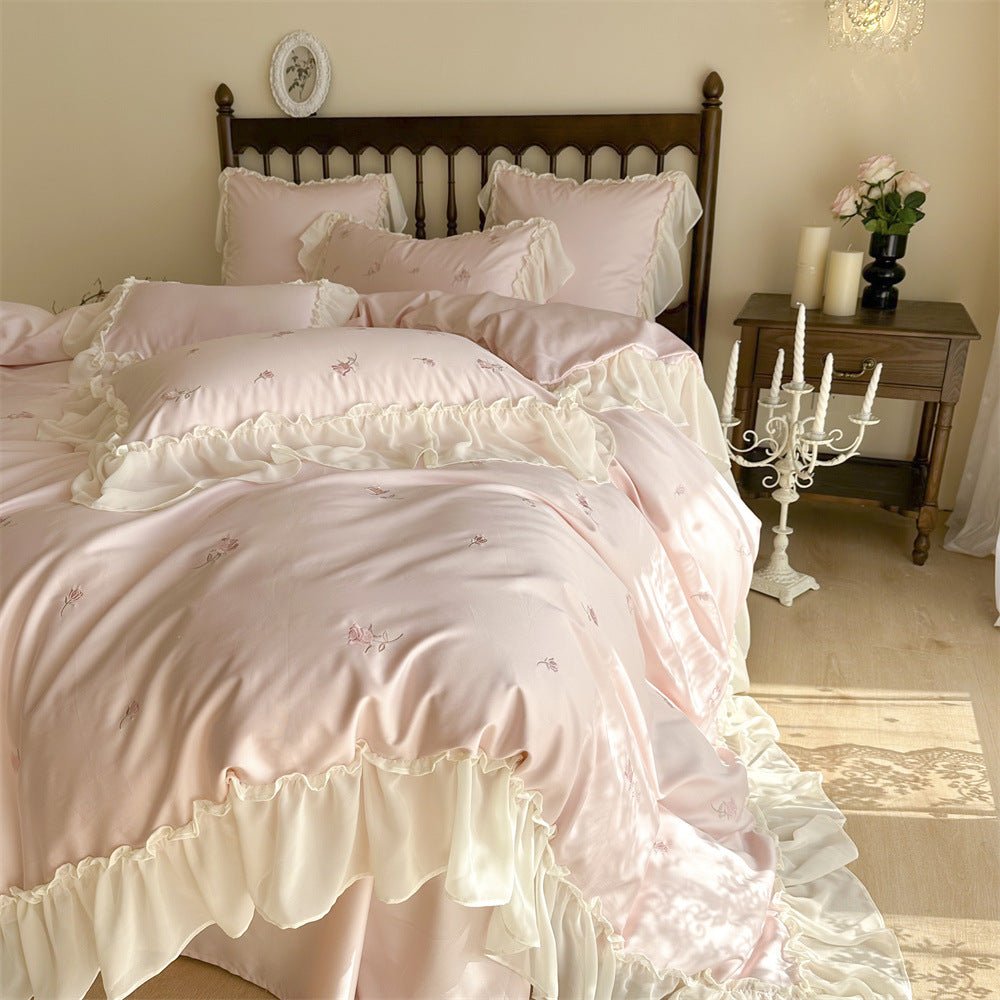Rosalie Embroidered Cotton Ruffle Bedding Set / Pink Blush - Ever Lasting