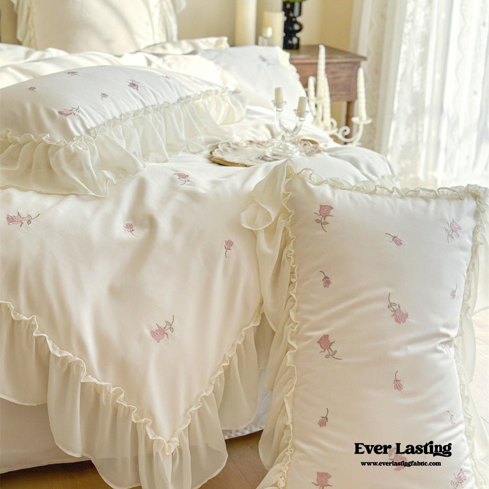 Rosalie Embroidered Cotton Ruffle Bedding Set / Pink Blush - Ever Lasting