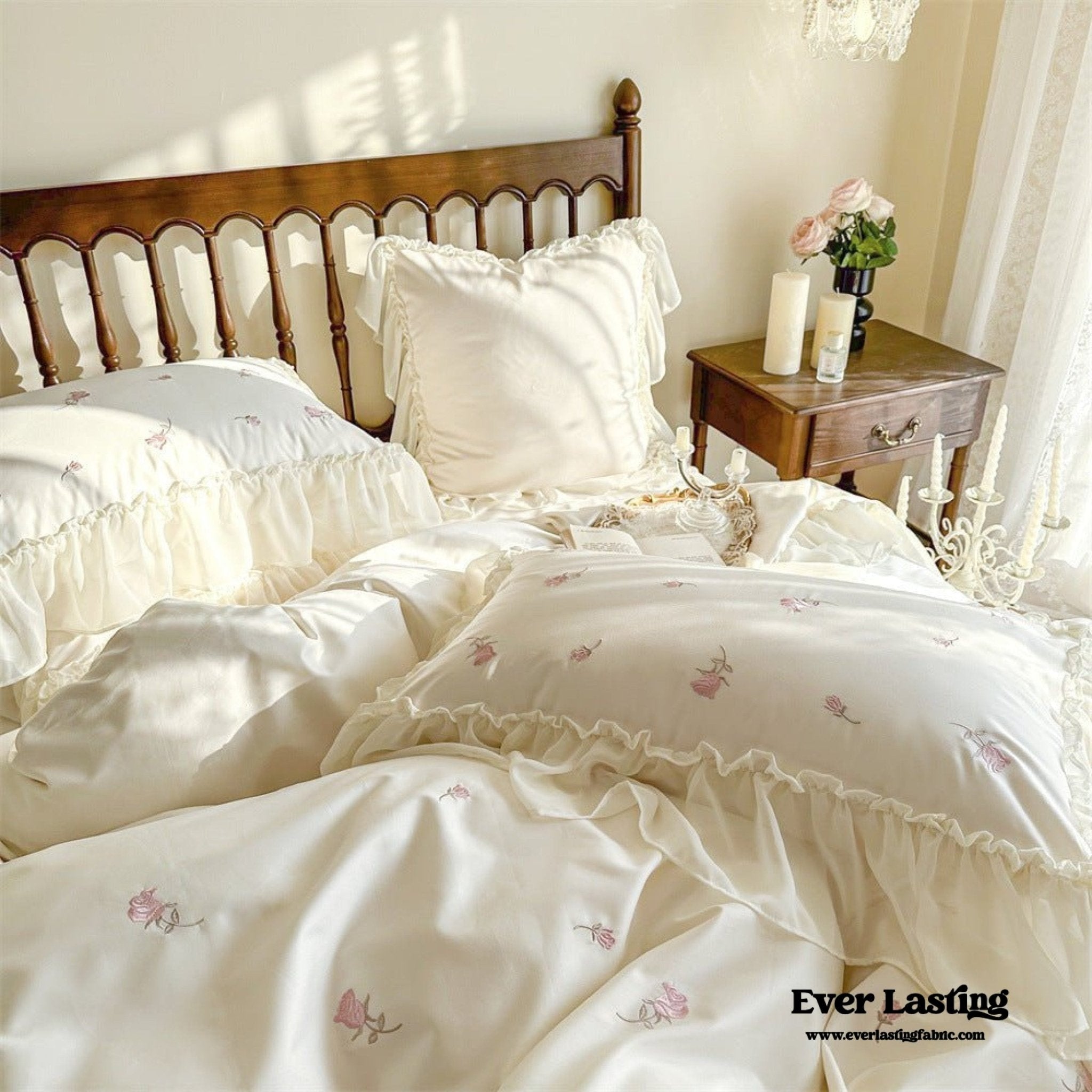 Rosalie Embroidered Cotton Ruffle Bedding Set / Pink Blush - Ever Lasting