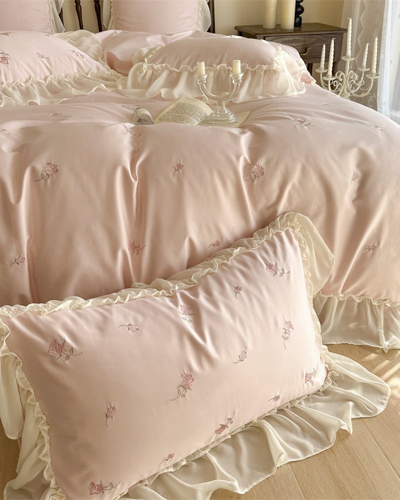 Rosalie Embroidered Cotton Ruffle Bedding Set / Pink Blush - Ever Lasting