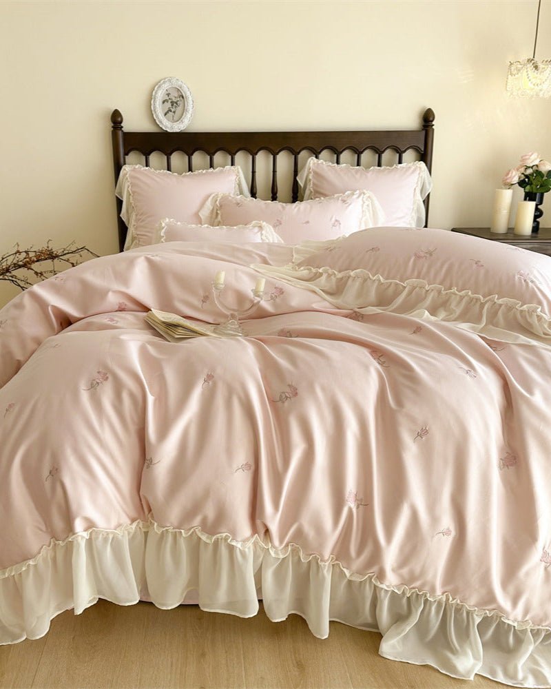 Rosalie Embroidered Cotton Ruffle Bedding Set / Pink Blush - Ever Lasting
