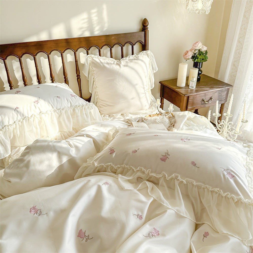 Rosalie Embroidered Cotton Ruffle Bedding Set / Pink Blush - Ever Lasting
