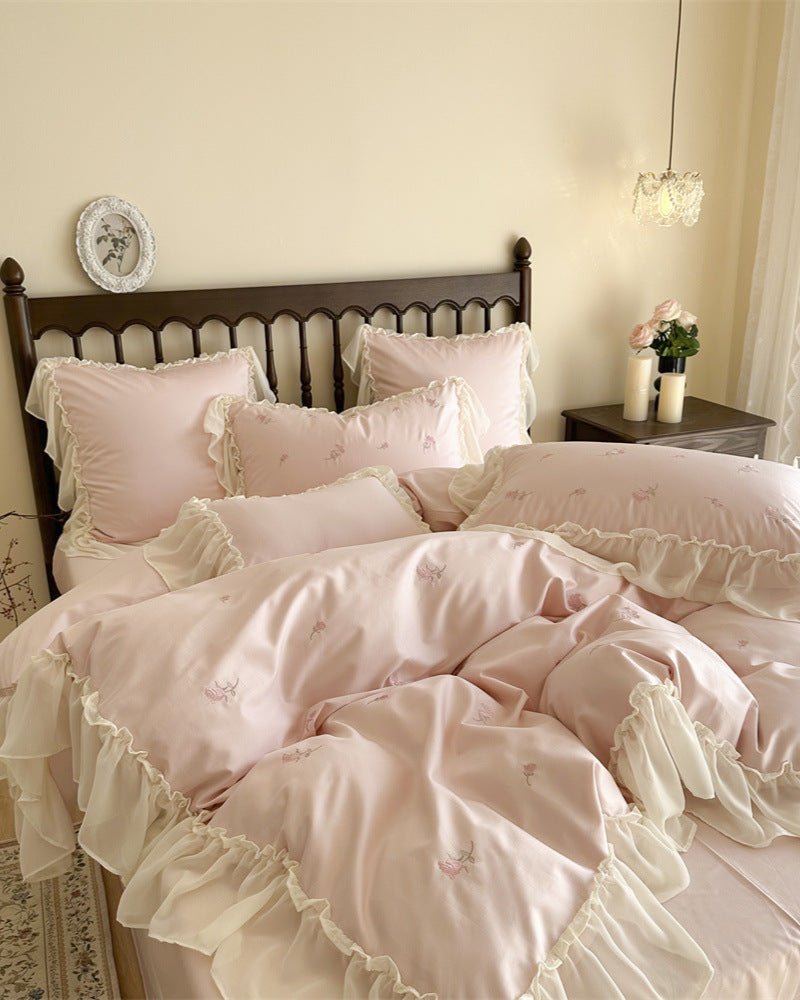 Rosalie Embroidered Cotton Ruffle Bedding Set / Pink Blush - Ever Lasting
