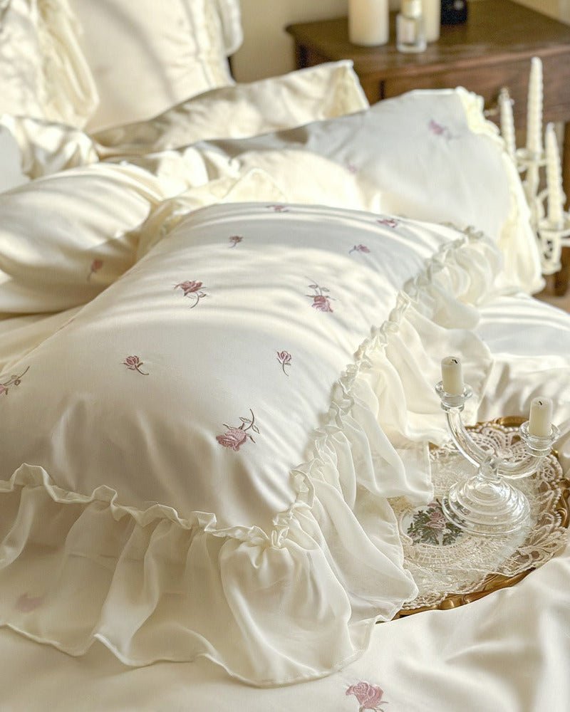 Rosalie Embroidered Cotton Ruffle Bedding Set / Pink Blush - Ever Lasting
