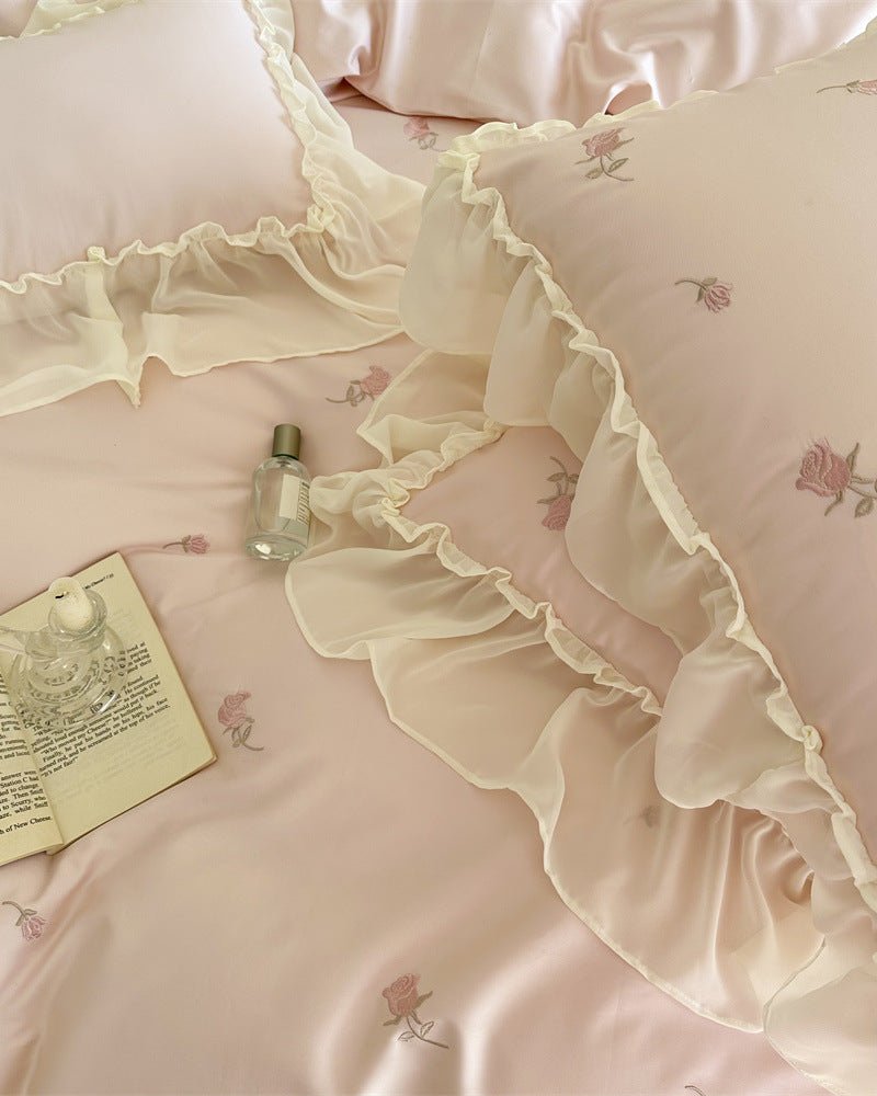 Rosalie Embroidered Cotton Ruffle Bedding Set / Pink Blush - Ever Lasting