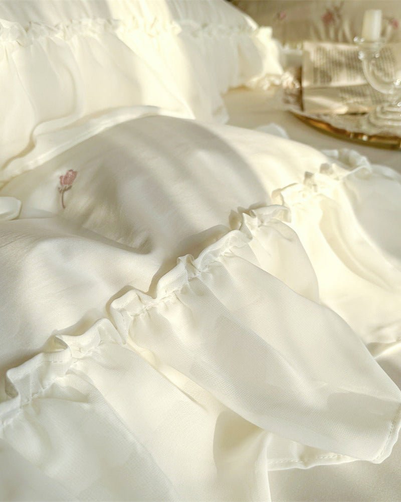 Rosalie Embroidered Cotton Ruffle Bedding Set / Pink Blush - Ever Lasting