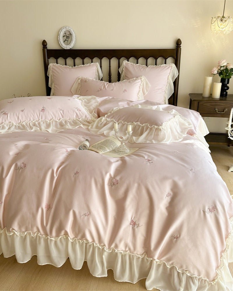 Rosalie Embroidered Cotton Ruffle Bedding Set / Pink Blush - Ever Lasting
