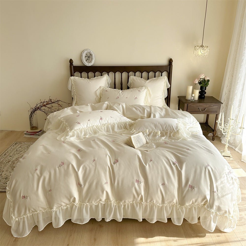 Rosalie Embroidered Cotton Ruffle Bedding Set / Pink Blush - Ever Lasting