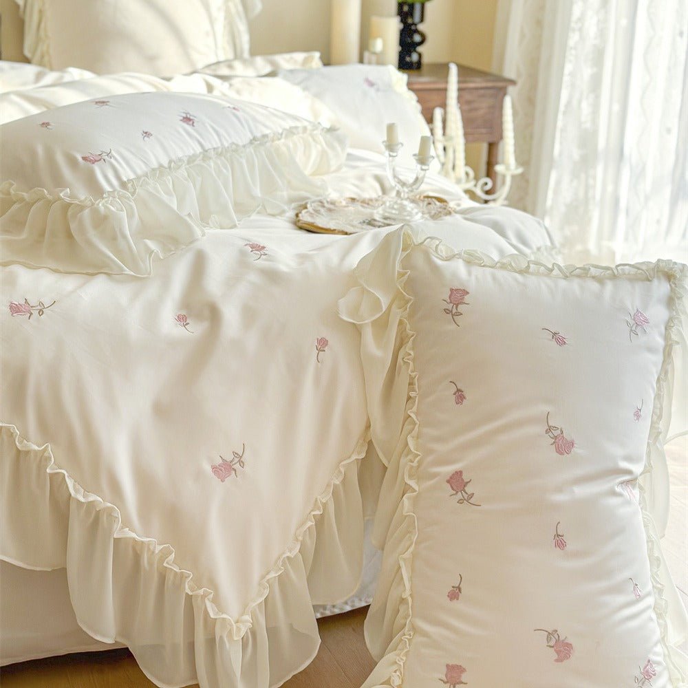 Rosalie Embroidered Cotton Ruffle Bedding Set / Pink Blush - Ever Lasting