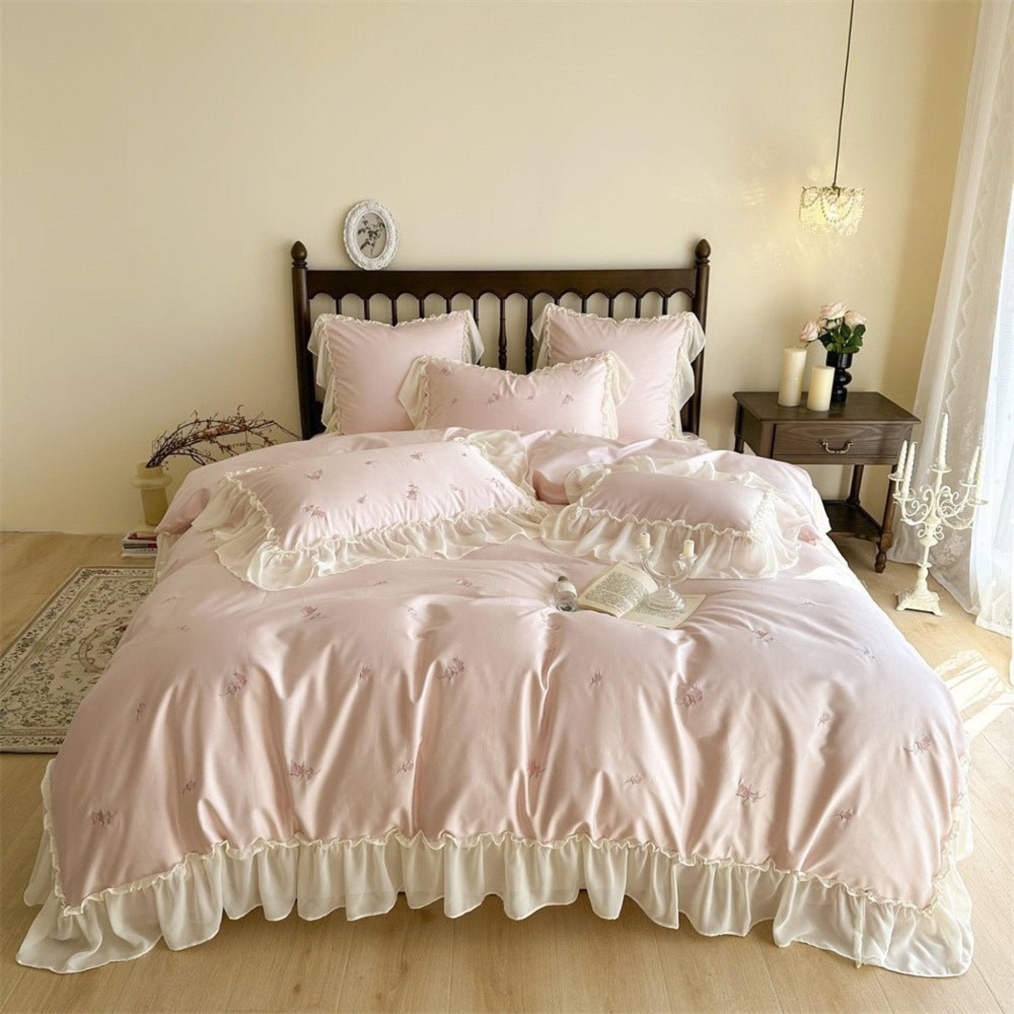 Rosalie Embroidered Cotton Ruffle Bedding Set / Pink Blush - Ever Lasting