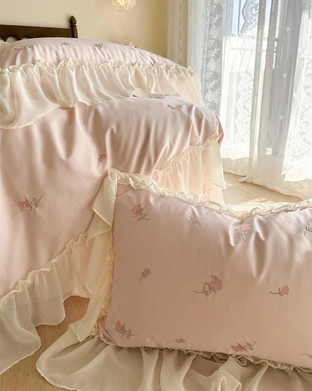 Rosalie Embroidered Cotton Ruffle Bedding Set / Pink Blush - Ever Lasting