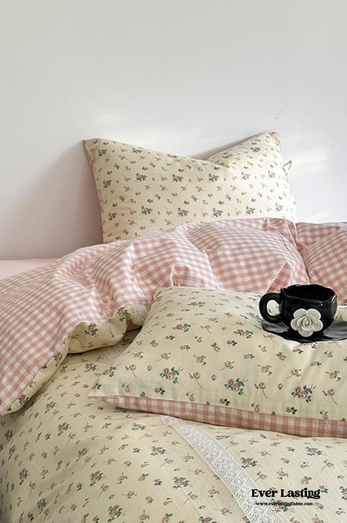 Rosalie Floral Lace Gingham Bedding Set / Pink - Ever Lasting