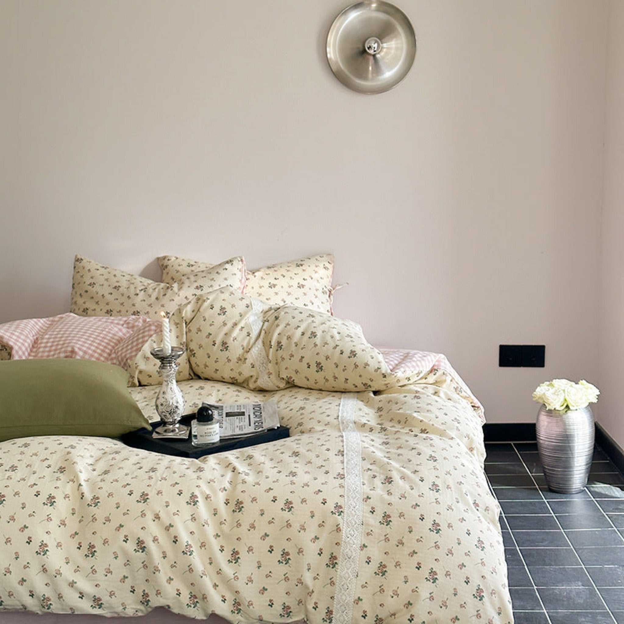 Rosalie Floral Lace Gingham Bedding Set / Pink - Ever Lasting